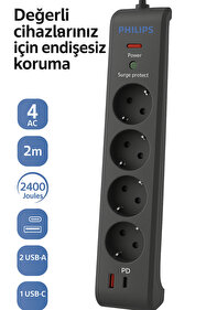 Philips SPN4140GA Akım Korumalı Priz 4'lü + 2x USB-A 18W + 1x USB