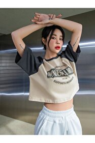 Sweetline Wonderful Mood Süprem Crop T-Shirt - Bej Beyaz Baskılı