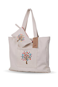 Wings Of Simurg Krem Kelebek Ağacı Nakış Işlemeli Fermuarlı Kanvas