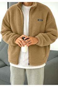 GENIUS STORE Oversize Peluş Tam Fermuarlı Sweatshirt Peluş İçi