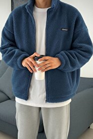 GENIUS STORE Oversize Peluş Tam Fermuarlı Sweatshirt Peluş İçi