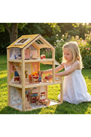 Toysilla Ahşap Oyun Evi 3 Katlı Eşyalı ve 3 adet insan figürlü