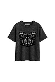 CİNEMA MODA Lace Top Baskılı Relaxed Fit Yıkamalı Siyah Kadın