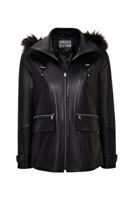 Derimod Hillary Kadın Siyah Yaka Kürklü Kapüşonlu Deri Mont