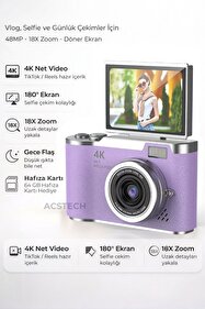 ACSTECH 4K Dijital Fotoğraf Makinesi 48MP Flip Ekran 18X Zoom