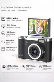 ACSTECH 4K Dijital Fotoğraf Makinesi 48MP Flip Ekran 18X Zoom