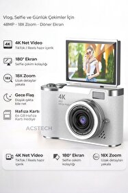 ACSTECH 4K Dijital Fotoğraf Makinesi 48MP Flip Ekran 18X Zoom