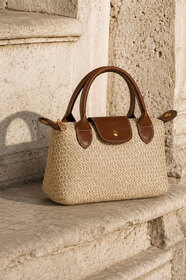 Housebags Natural Straw Tote Bag | Kahve Deri Detaylı Premium