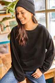 Olalook Kadın Düz Siyah Basic Yumuşak Dokulu Salaş Sweatshirt SWT