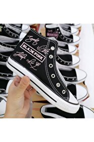 ブラックピンク MECH BUTİK Blackpink Baskılı Siyah Bağcıklı Bilekli Spor Ayakkabı