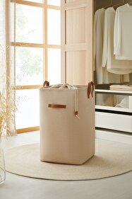 Ocean Home Textile Bej Kumaş Büzgülü Katlanır Kirli Çamaşır Dolap