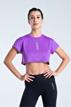Kadın Kısa Baskılı Spor Tshirt - Graphic Crop Top Mor