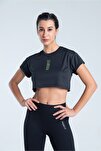 Kadın Kısa Baskılı Spor Tshirt - Graphic Crop Top Siyah