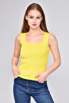 Kadın Sarı Kalın Askılı Kare Yaka Crop Bluz
