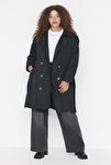 Plus Size Trench Coat - Black - Double-breasted