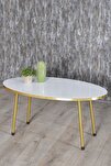 Gold Metal Oval Orta Sehpa Beyaz