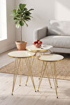 Zigon Sehpa Ve Orta Sehpa Elips Set Gold Krem Tel