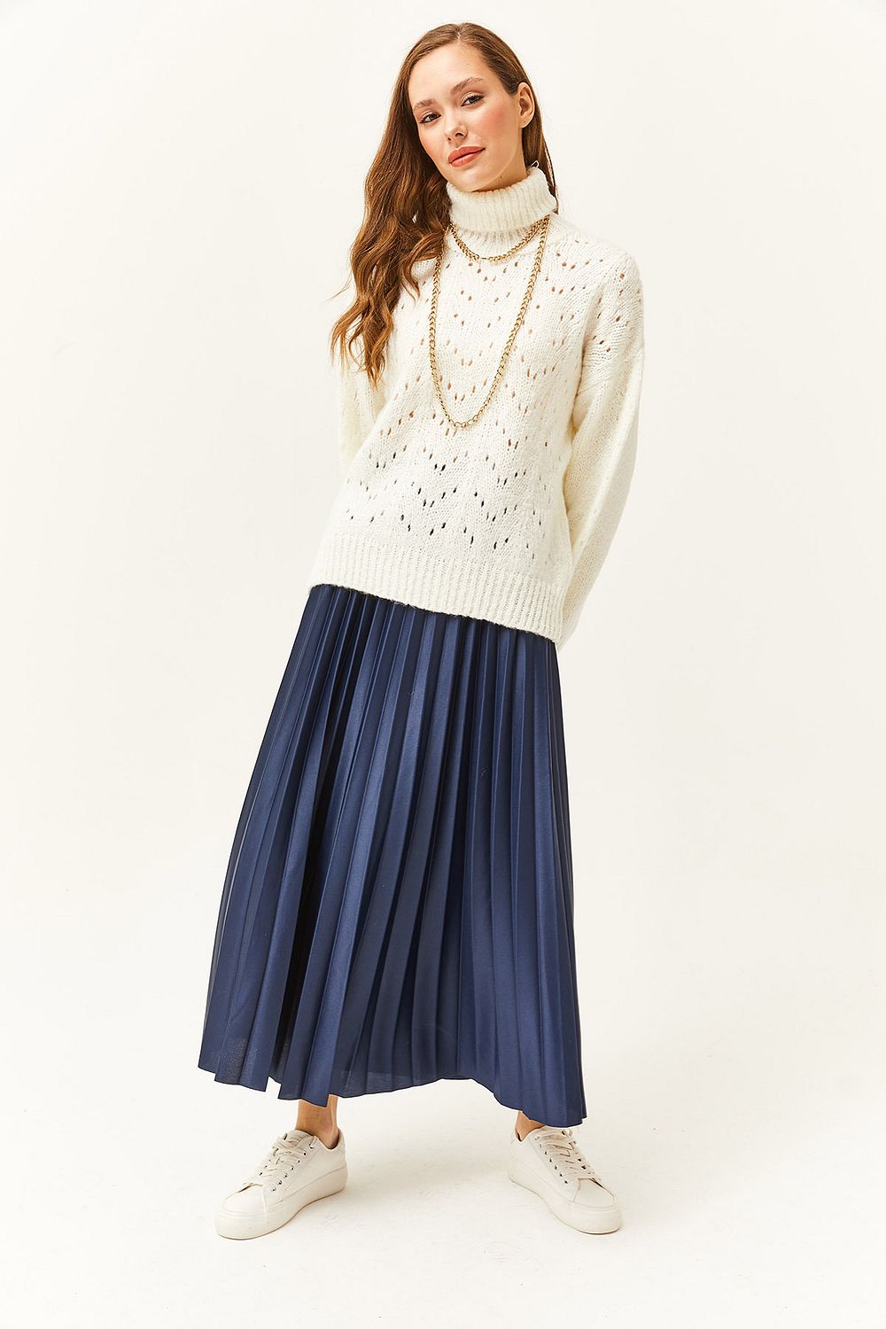 Olalook Women s Navy Blue Leather Look Pleated A Line Skirt ETK