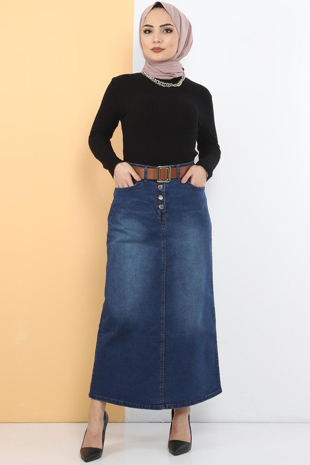 Tesett r D nyas Belted Denim Skirt TSD231015 Light Blue Trendyol