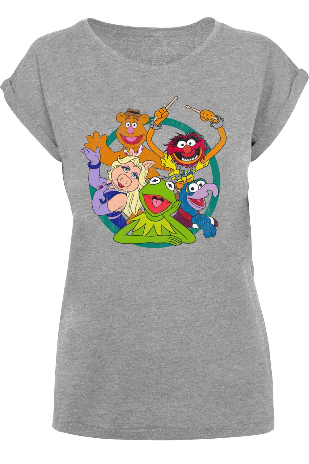 verlängerter mit F4NT4STIC Disney Group Circle - Damen The Trendyol mit Muppets Schulterpartie Damen-T-Shirt