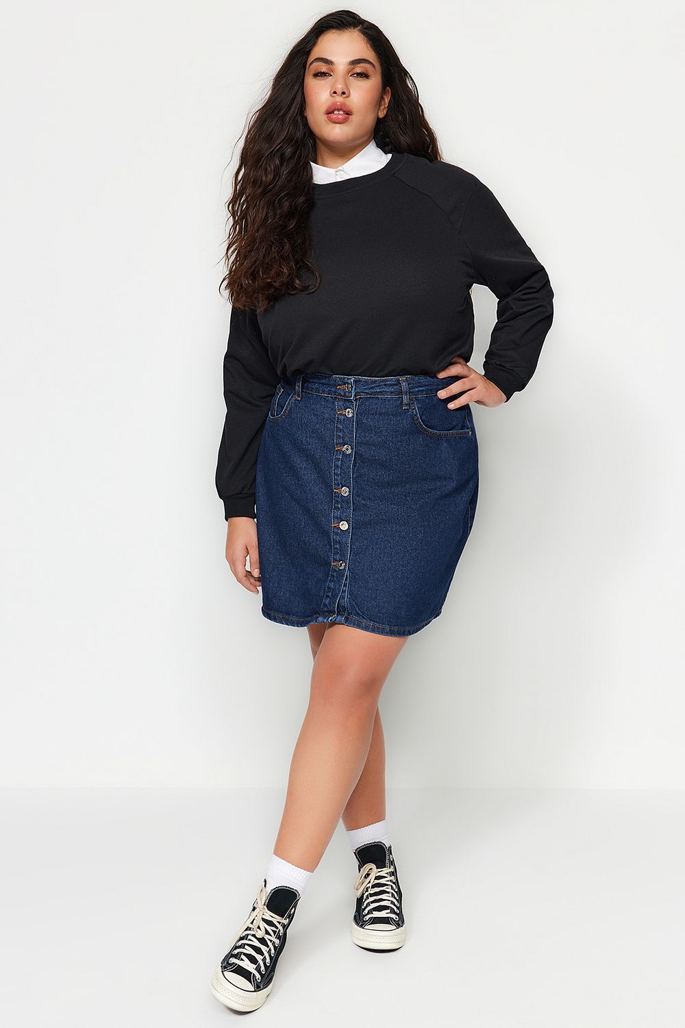 Plus size button 2025 front denim skirt