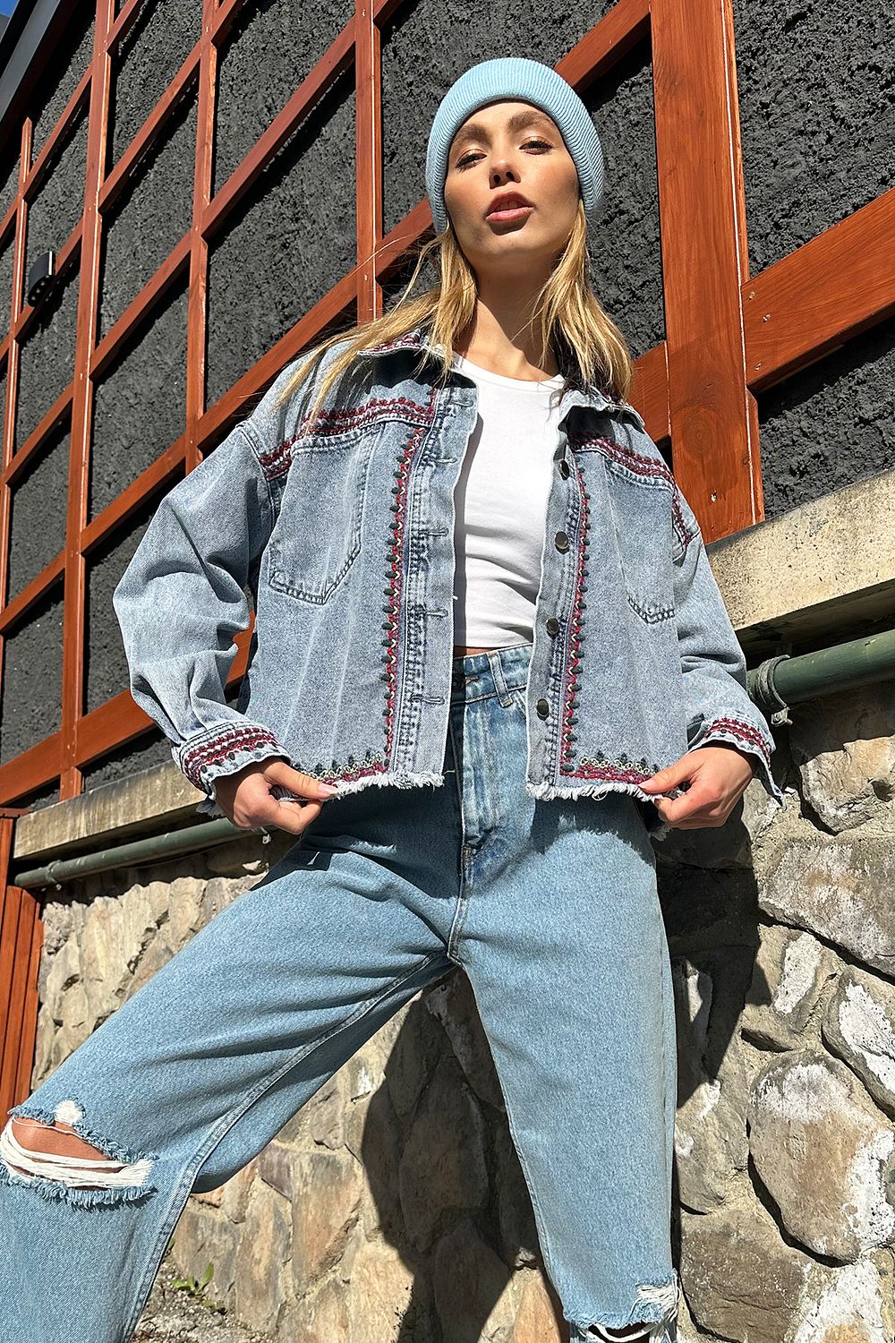 Black embroidered cheap jean jacket