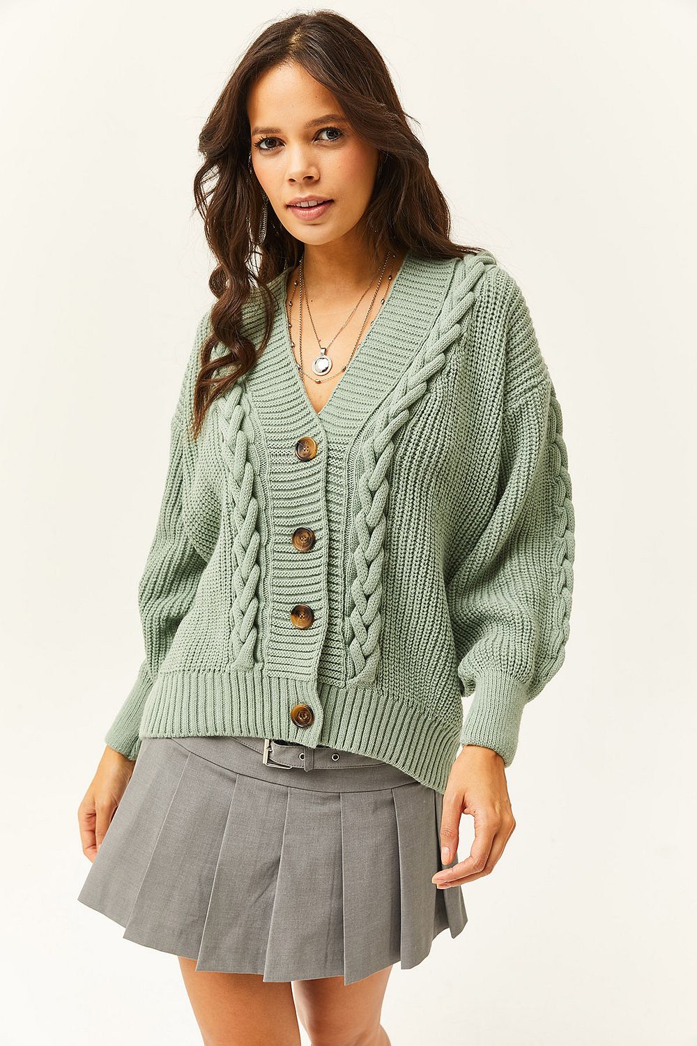 Olalook Women s Grass Green Knitted Detailed Buttoned Knitwear