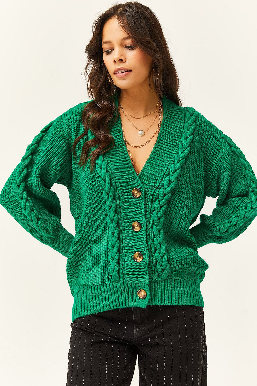 Olalook Women s Grass Green Knitted Detailed Buttoned Knitwear