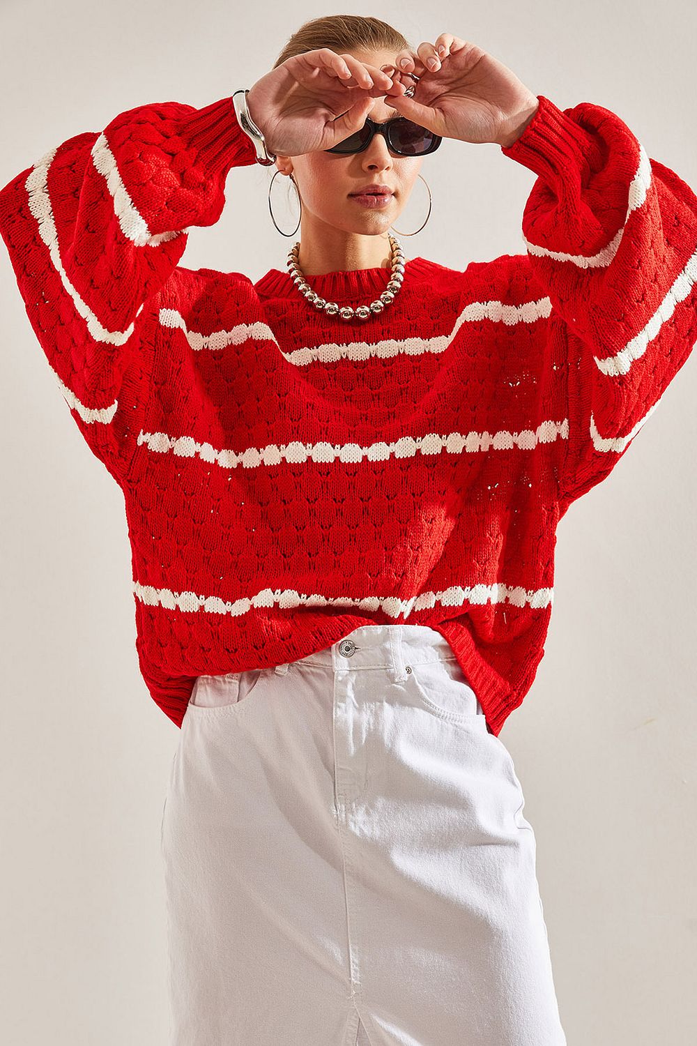 Color striped balloon deals sleeve knitted sweater