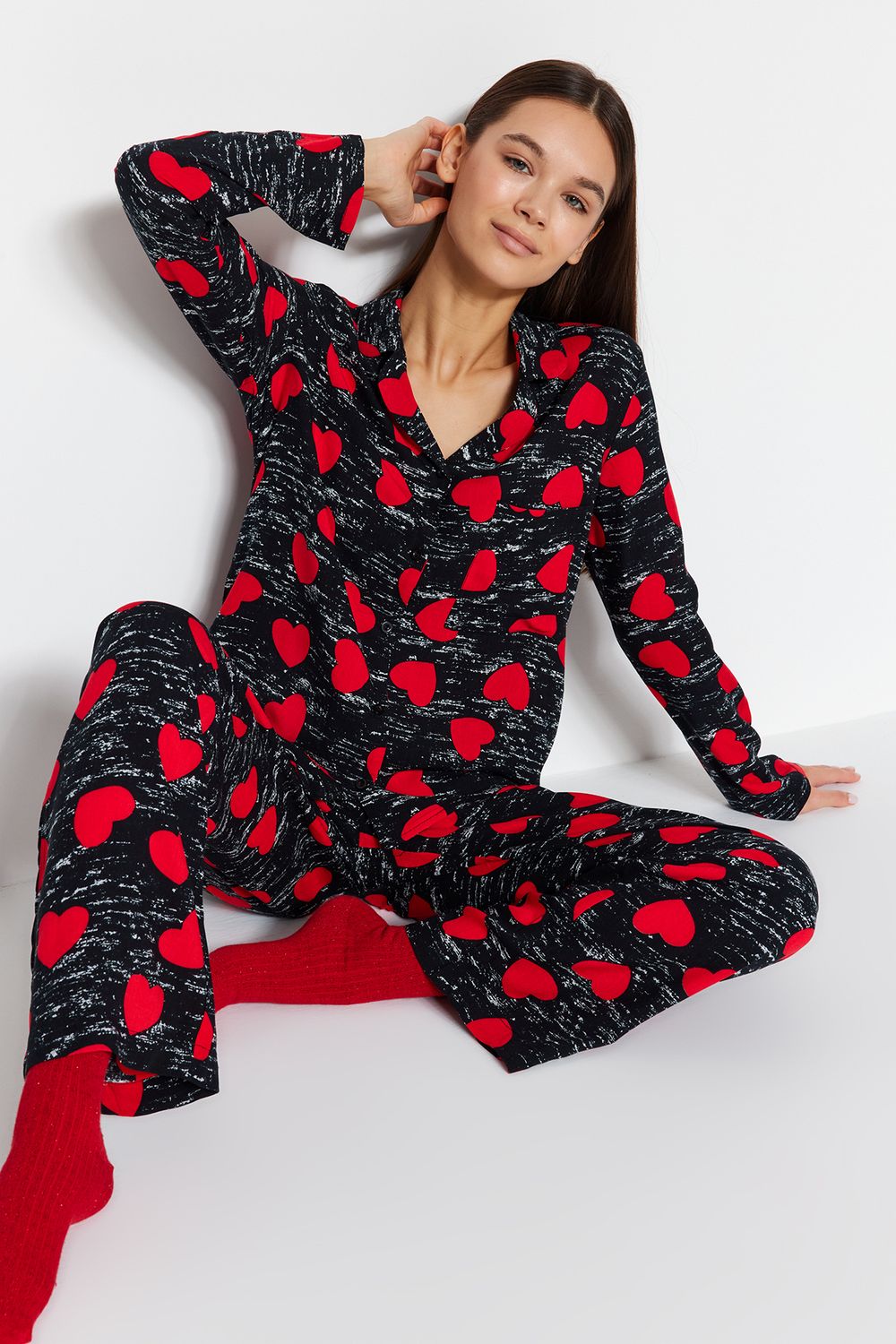 Trendyol Collection Rosa Herz-Viskose-Hemd-Hose-Web-Pyjama-Set  THMAW21PT0936 - Trendyol