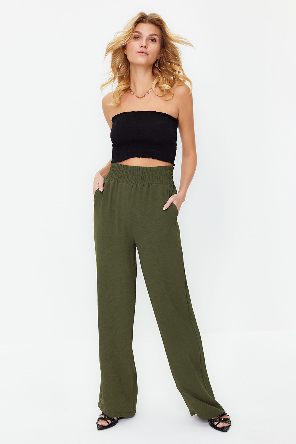 Trendyol Collection Green Straight Cut High Waist Ribbed Stitched Woven  Trousers TWOSS21PL0093 - Trendyol