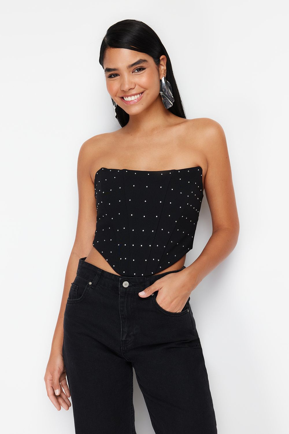 Trendyol Collection Black Crop Lined Woven Corset Detailed Bustier