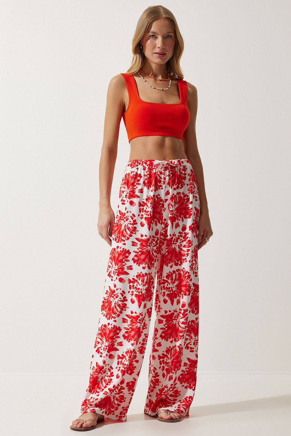 Green High Waist Summer Pants, Red Wide Leg Pants Summer