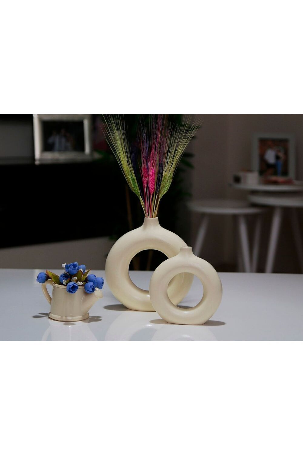 طقم مزهرية بحلقة بوهيمية (كبير 19 × 20 سم، صغير 14 × 15 سم) ديكور، هدية باللون الأبيض الخام