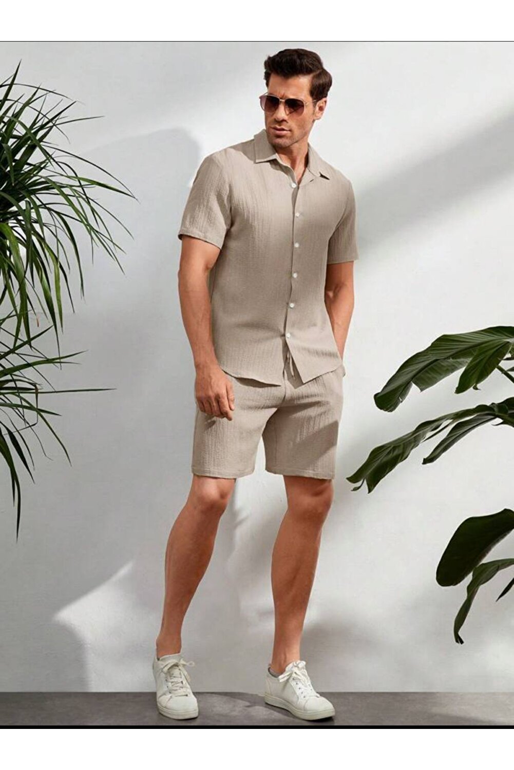 طقم قميص وشورت رجالي - قماش مجعد ملفوف، ليكرا صيفي