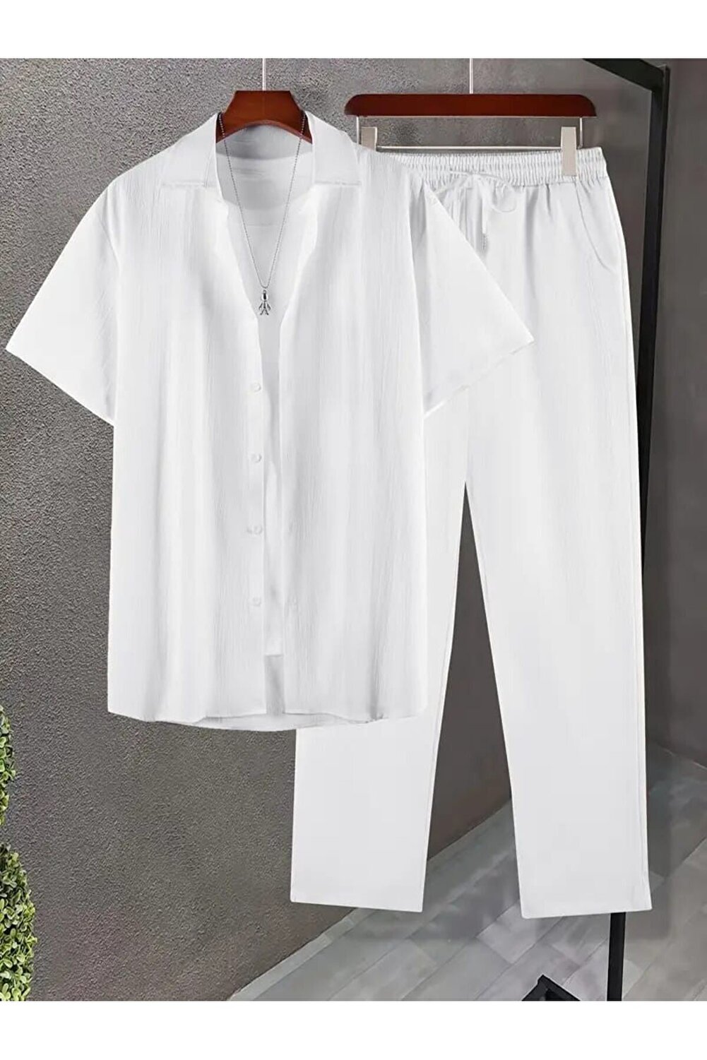 طقم قميص وشورت رجالي - قماش مجعد ملفوف، ليكرا صيفي