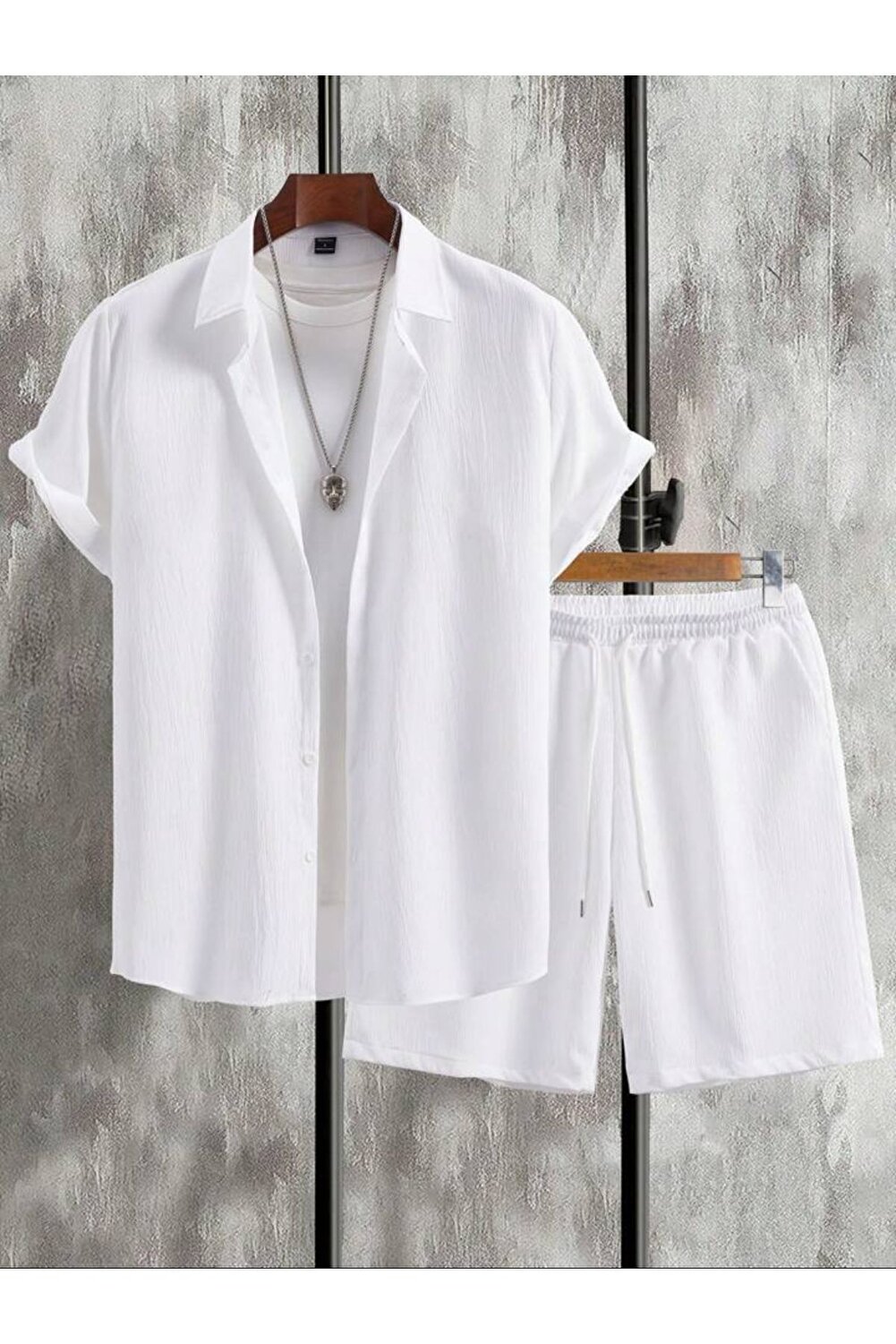 طقم قميص وشورت رجالي - قماش مجعد ملفوف، ليكرا صيفي