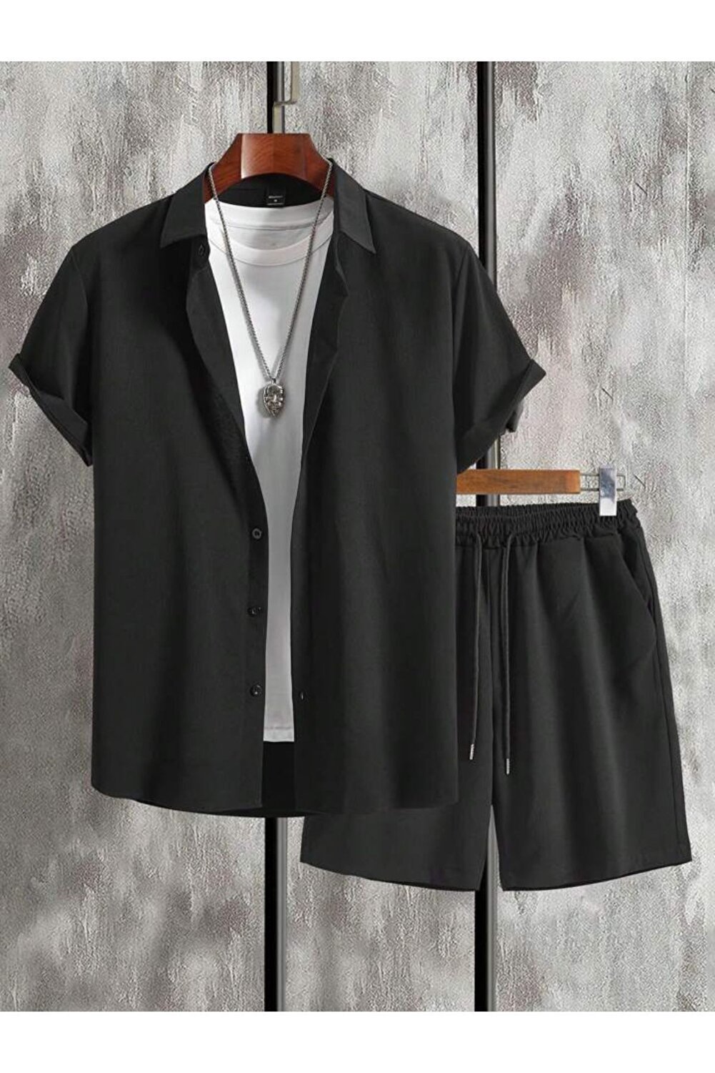 طقم قميص وشورت رجالي - قماش مجعد ملفوف، ليكرا صيفي