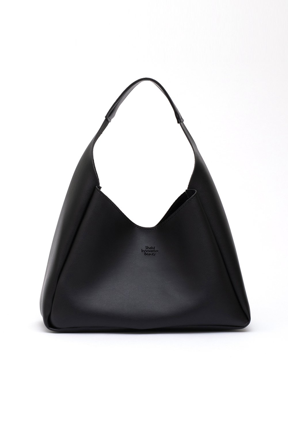 Shaka handbag and shoulder bag made of synthetic leather in black SHK19 with snap buttons, one compartment, and a makeup bag with a zipper.