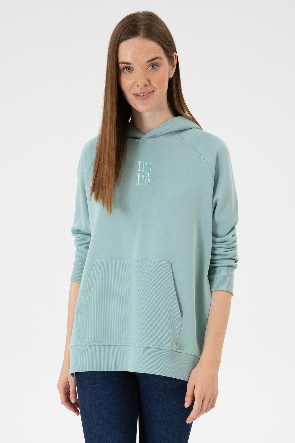 U.S. Polo Assn. سويت شيرت نسائي أسود بقلنسوة وفتحة 50313611-VR046