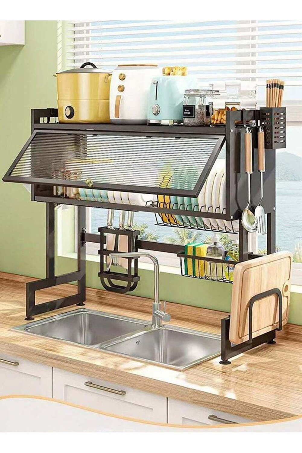 رف تجفيف الأطباق ثلاثي الطبقات فوق الحوض، 105 سم م...