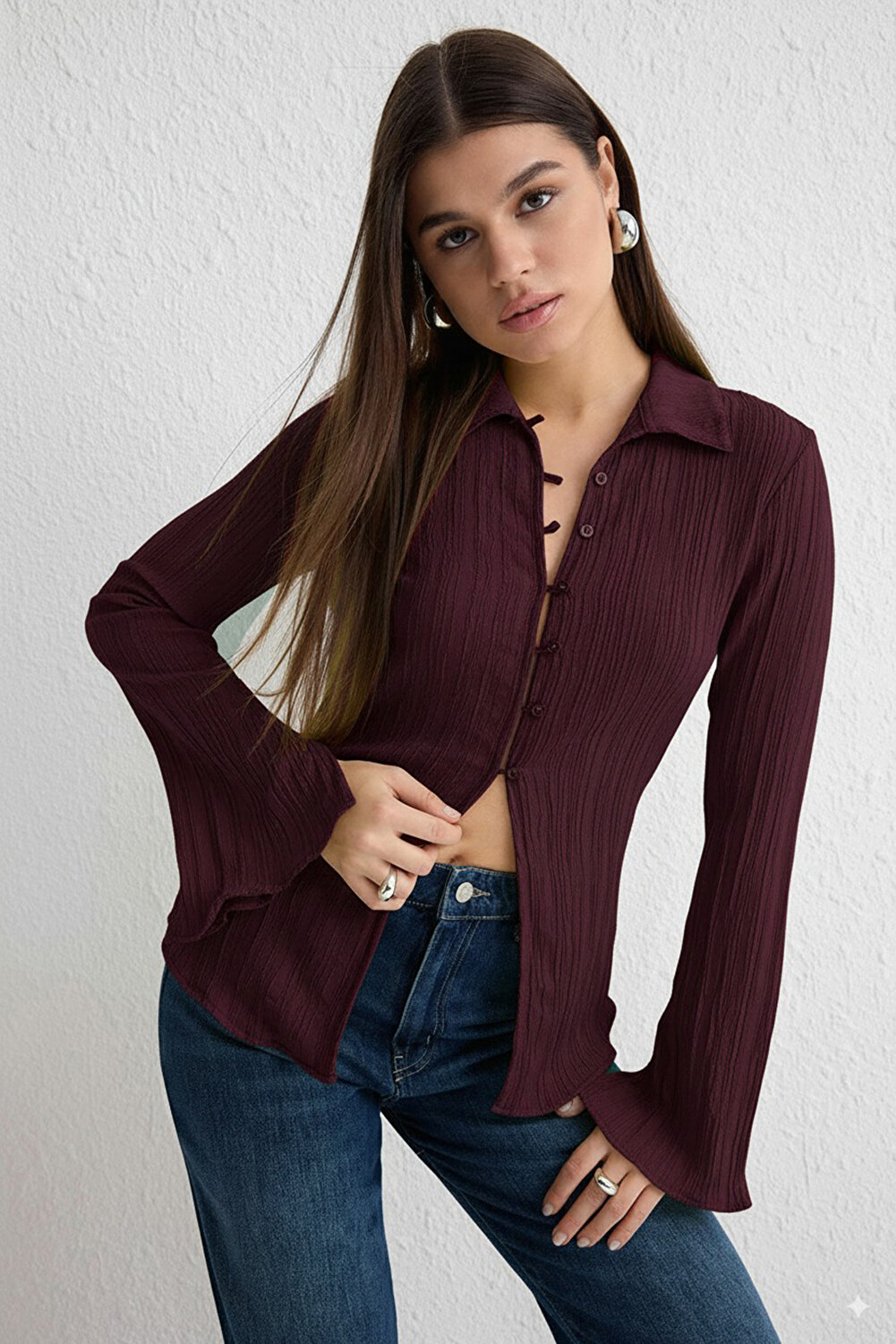 Trendyol Collection قميص منسوج بخصر وردي فاتح TWOSS24GO00002