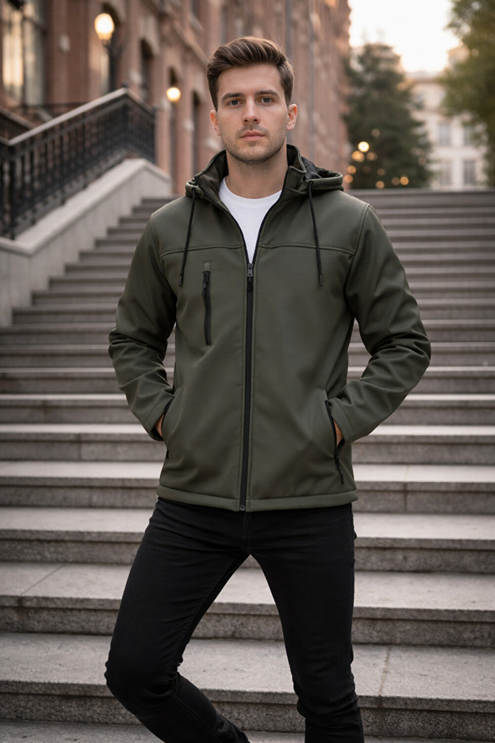 Zeyra soft shell coat for men, waterproof and windproof, with removable wool lining and hood - Khaki