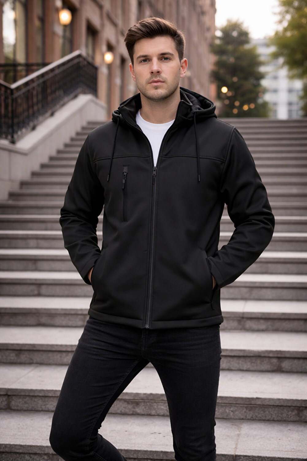 Zeyra soft shell coat for men, waterproof and windproof, with removable wool lining and hood - Khaki