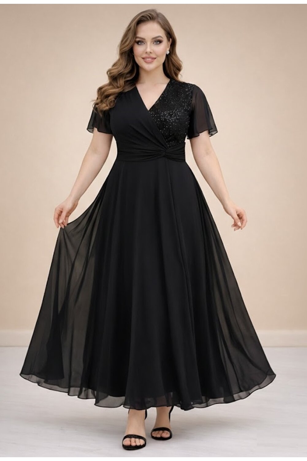 Butik Nilyam long women's evening dress in plus size with double-breasted collar and short sleeves decorated with sequins made of chiffon 24087