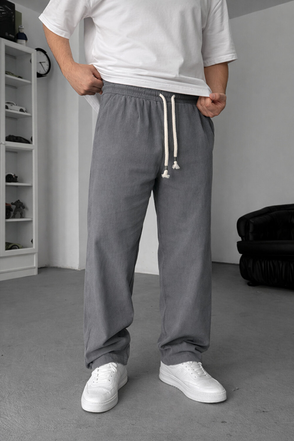 INFLUYENTE بنطلون رجالي أسود فضفاض من مزيج الكتان...