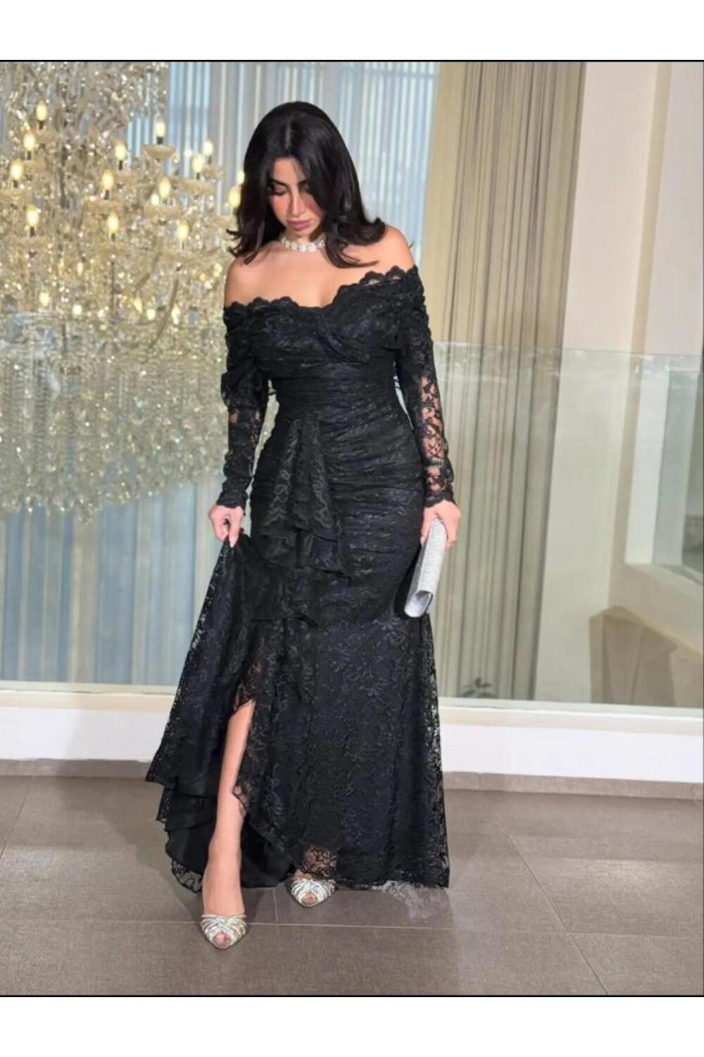 فستان أنيق أسود بأكمام طويلة من الدانتيل