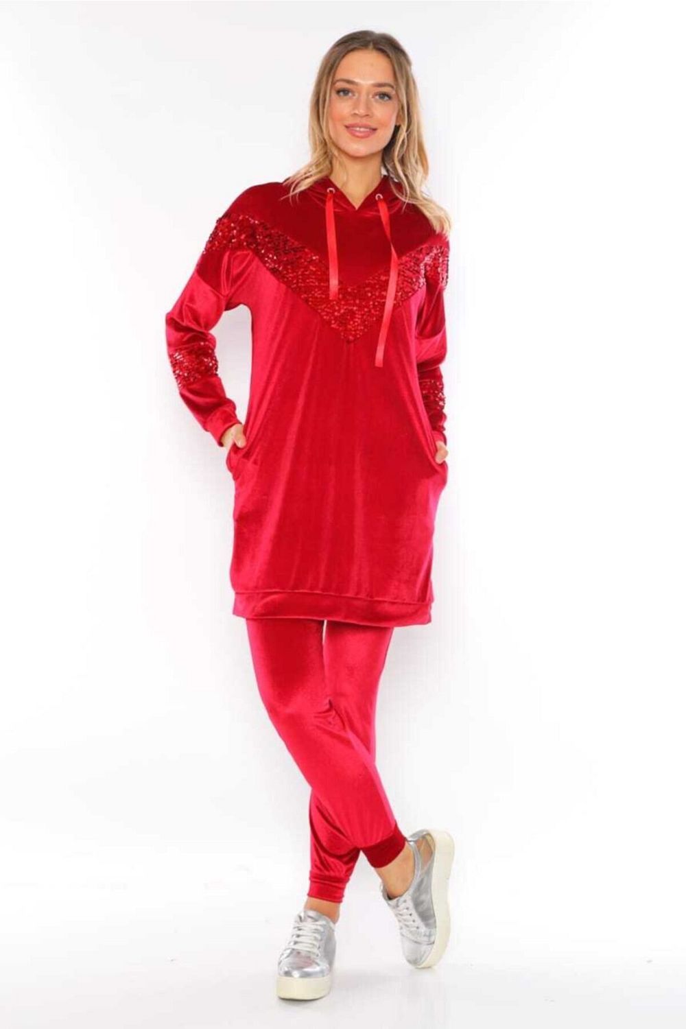 westbound Women s Sequin Detailed Hooded Velvet Suit Tracksuit