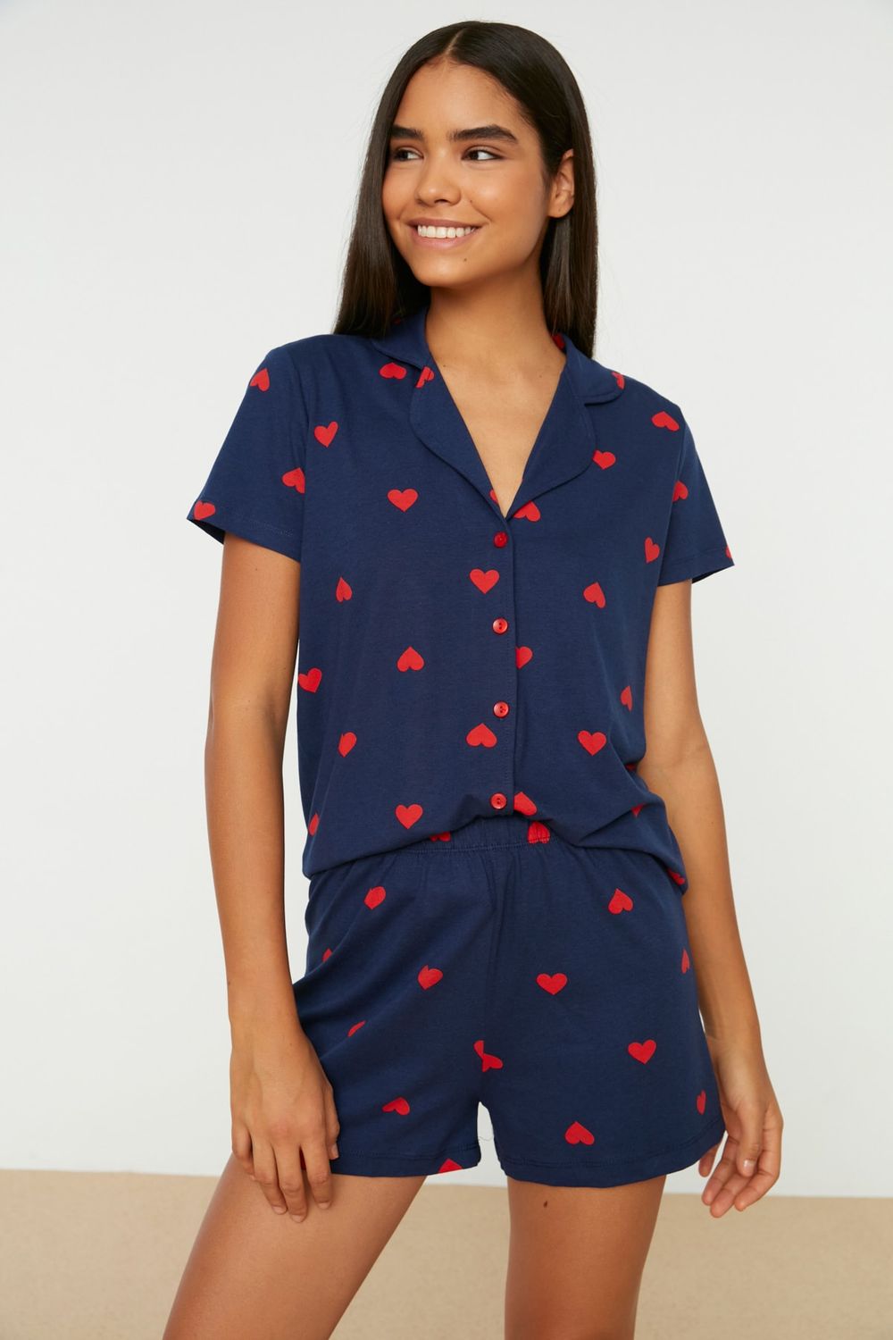 Trendyol Collection Navy Blue 100% Cotton Heart Patterned Shirt-Shorts  Knitted Pajama Set THMSS21PT0756 - Trendyol