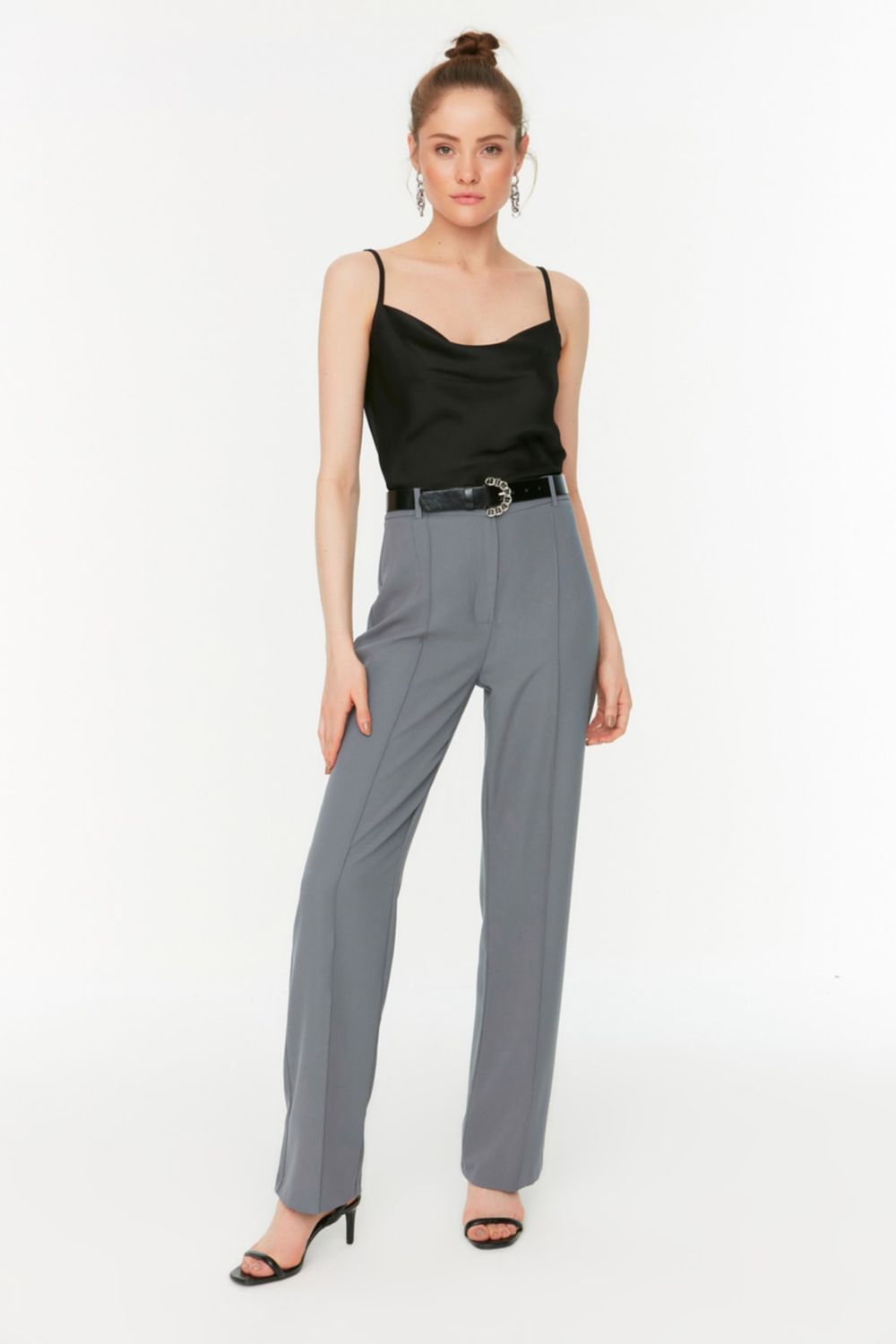 Trendyol Collection Gray Straight Cut High Waist Ribbed Stitched Woven  Trousers TWOSS21PL0093 - Trendyol